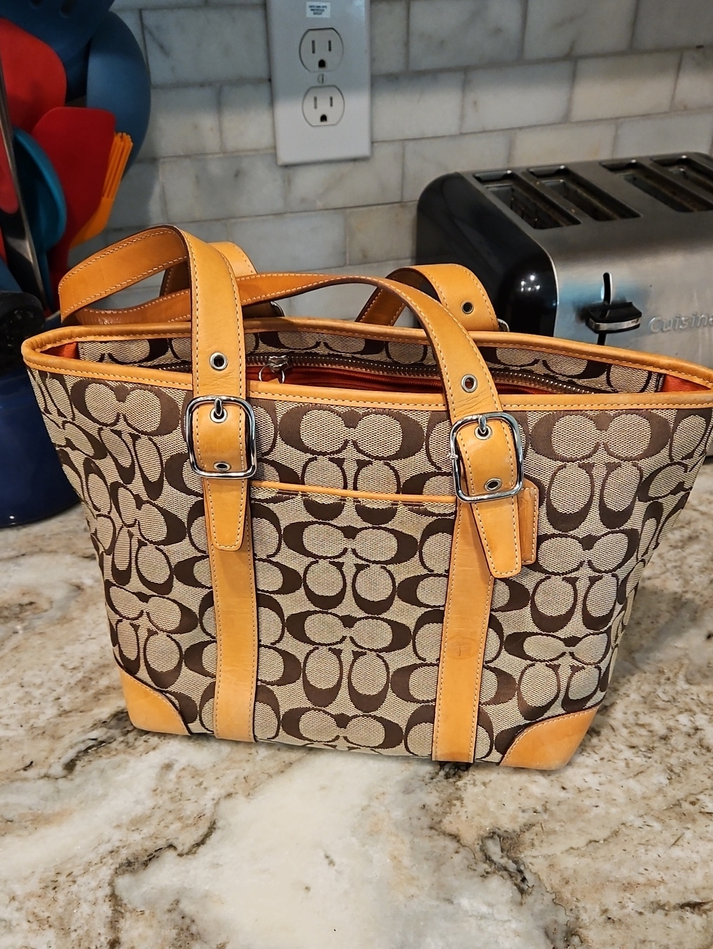 Coach Brown Signature Canvas Tote with Tan Leather Trim